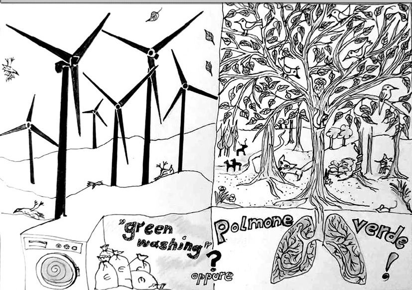 a drawing of a tree and wind turbines