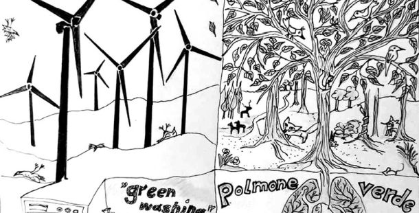 a drawing of a tree and wind turbines