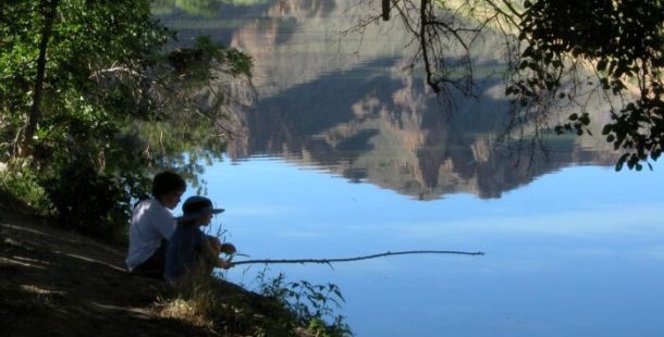 fiume bambini pesca alberi