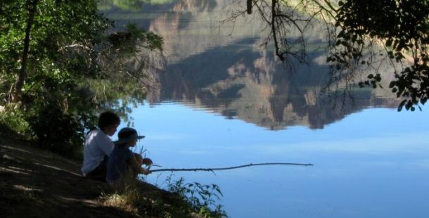 fiume bambini pesca alberi