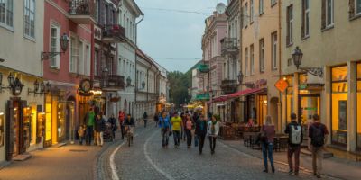 Pilies Street at dusk, Vilnius, Lithuania